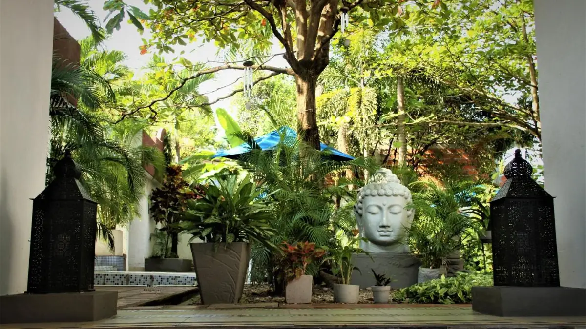El jardín del hotel, con plantas y esculturas